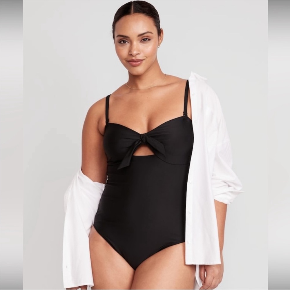 Tie-Front Keyhole Bandeau-Style One-Piece Swimsuit